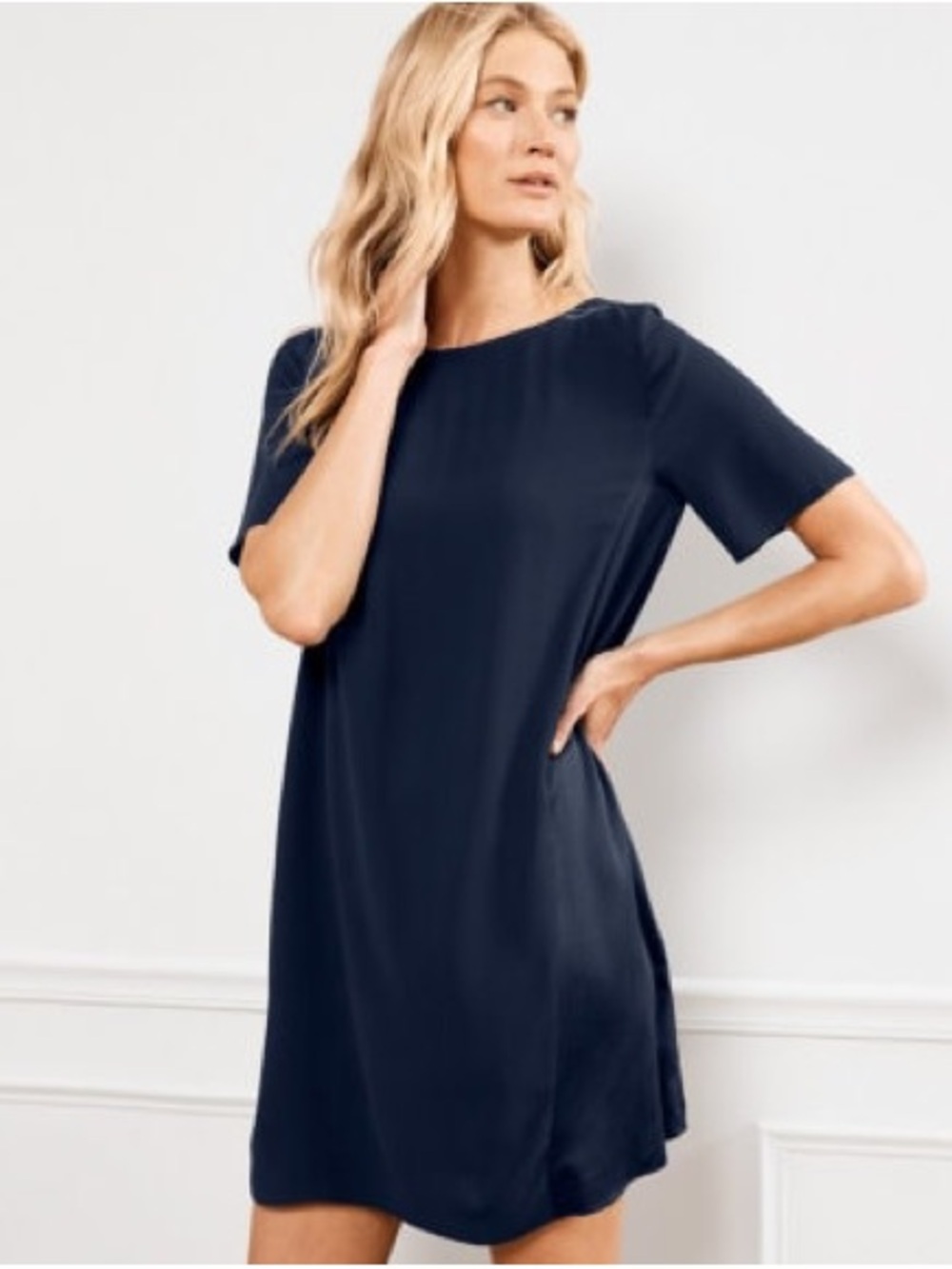 Eileen Fisher Silk Georgette Crêpe Seam-Detail Dress size L Navy Flowy Boxy Cut